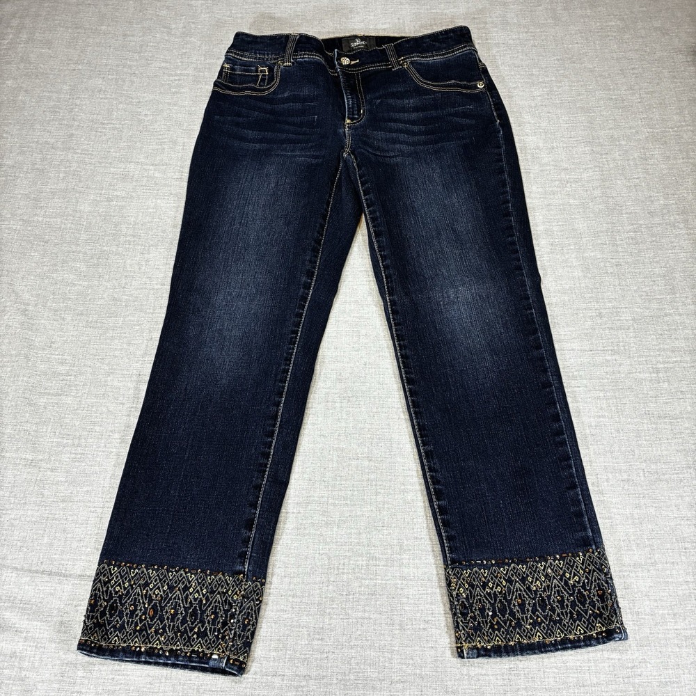 Chicos Jeans Sz 00 So Slimming Cropped Ankles Embroidered Rhinestones Stretch - Picture 1 of 13